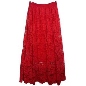 Laffaire Maxi Skirt Elegant Red Floral Lace A-Line Full Skirt Women’s Medium